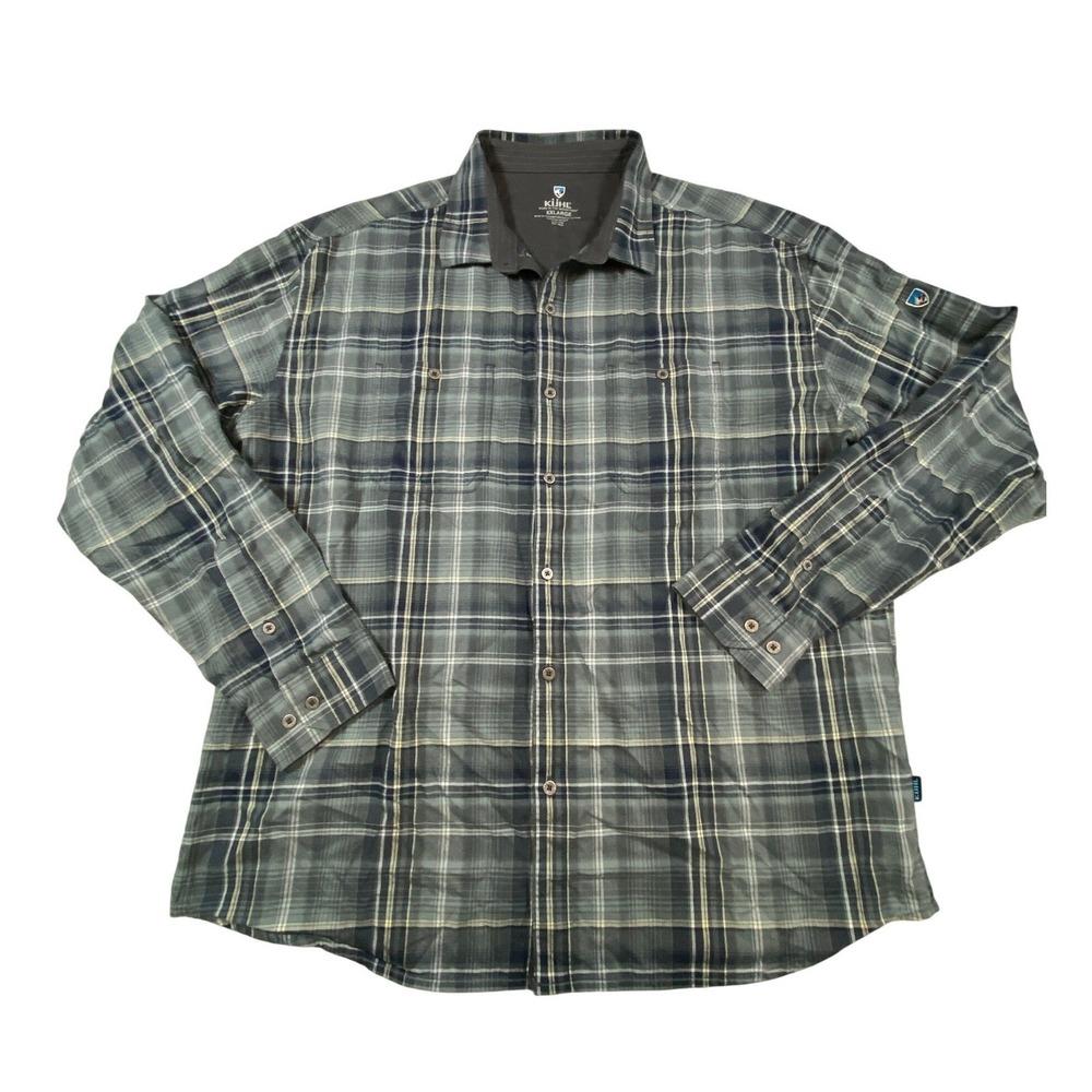 Kuhl Mens XXL Plaid Button Down‎ Shirt Blue Grey Cotton Heavy Long Sleeve Hiking
